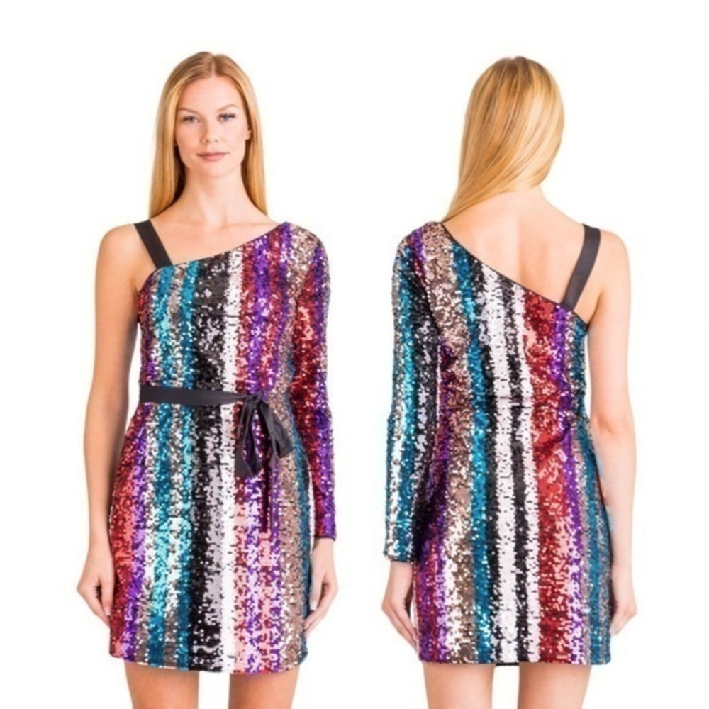 NEW Armani Exchange Sequin One Shoulder Mini Dress in Multicolor